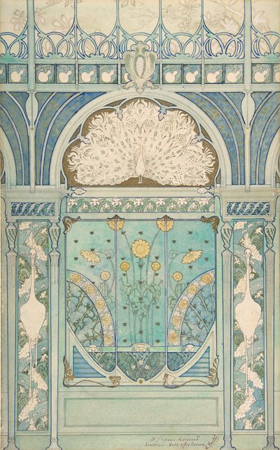 Design for a Wall Decoration with Peacock, Cranes, and Sunflowers for the Restaurant by Emile Hurtré