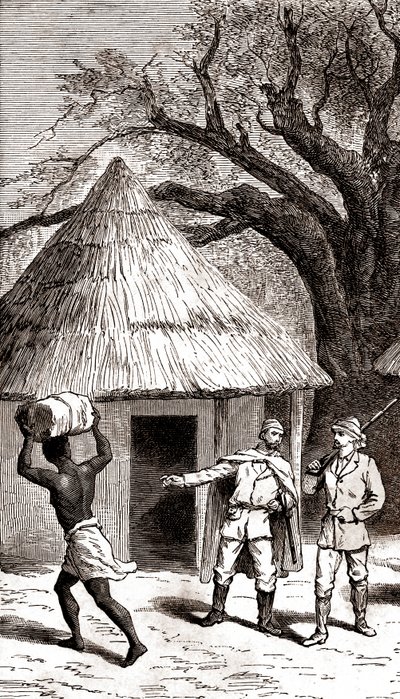 Explorers and Porters in Front of an African Hut, 1887 by Emile Mas
