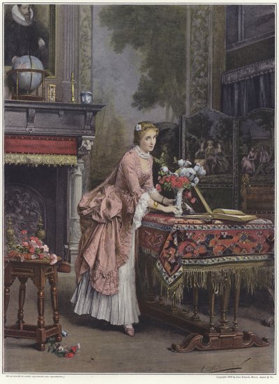 A woman placing a vase of flowers on a table by Emile Pierre Metzmacher