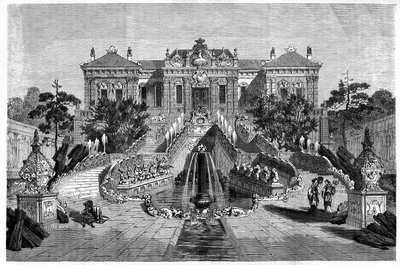 Haiyan Tang Pavilion has Western architecture in Ete Palace in Pekin (Beijing). Engraving after a drawing by Therond, in Le Tour du Monde, Nouveau journal des Voyages, edited by Edouard Charton, Paris by Emile Theodore Therond