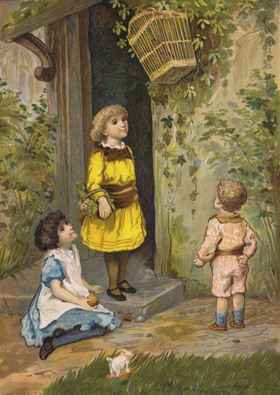 Children admiring a hanging basket by Emily Jane Harding Andrews