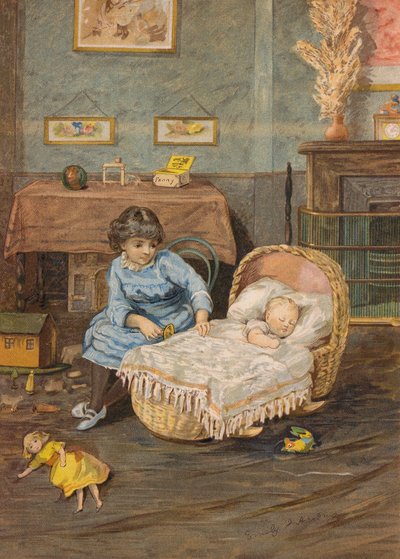 Girl watching over a baby in a crib by Emily Jane Harding Andrews