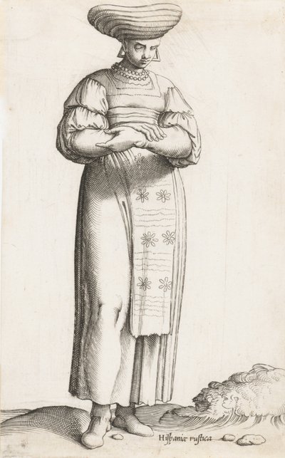 Costume Plate: Hispania Rustica mul. with label on ground by Enea Vico