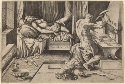 Venus Reclining with Vulcan at His Forge by Enea Vico after Parmigianino