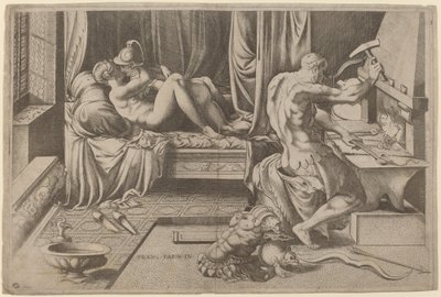Venus and Mars Embracing with Vulcan at his Forge by Enea Vico after Parmigianino