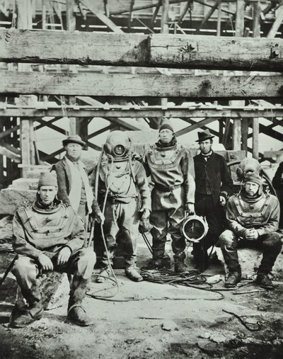 Blackfriars Bridge: Construction Workers Pose with Equipment, 1869 by English Photographer