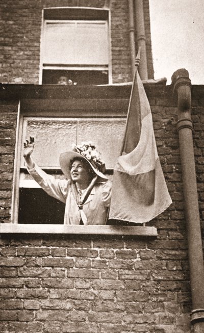 Christabel Pankhurst Waving to the Hunger Strikers from a House Overlooking Holloway Prison by English Photographer