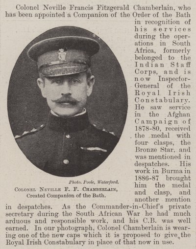 Colonel Neville F F Chamberlain, created Companion of the Bath by English Photographer