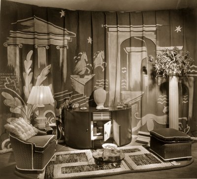 Decorative trade stand at Dorland Hall with hanging textile, 1940s by English Photographer