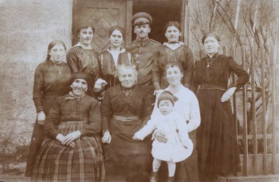 English Soldier, WW1, with Group of Locals, Northern Europe, Probably France by English Photographer