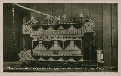 Illuminated tram to commemorate the visit of the King and Queen to Oldham, 12 July 1913 by English Photographer