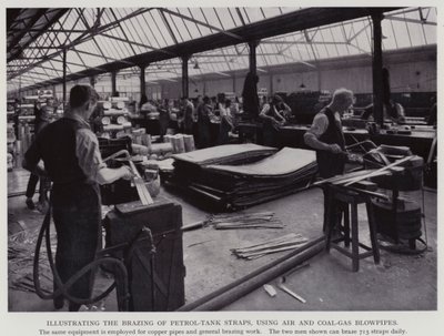 Illustrating the Brazing of Petrol-Tank Straps, Using Air and Coal-Gas Blowpipes (black and white photo) by English Photographer