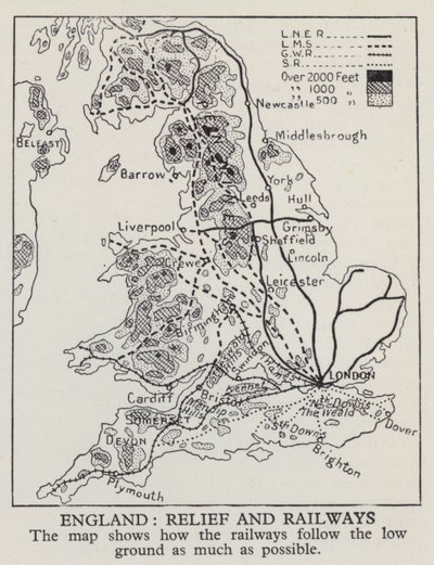 Map showing how railways in England follow the low ground as much as possible by English Photographer