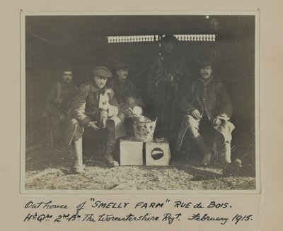 Outhouse of SMELLY FARM Rue de Bois. Hd. Qrs. 2nd Bn The Worcestershire Regt. February 1915 by English Photographer