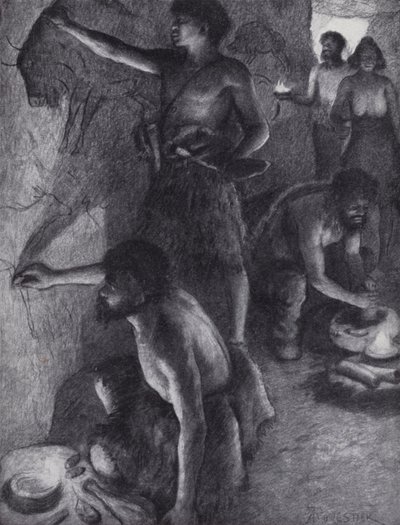 Paleolithic people creating cave paintings by English Photographer