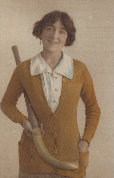 Pretty Girl, in Knitted Jumper, with Pearl Earrings, Holding Hockey Stick by English Photographer