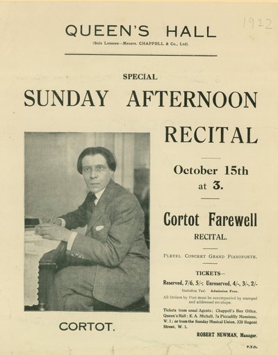 Programme for Cortot Farewell Recital by English Photographer