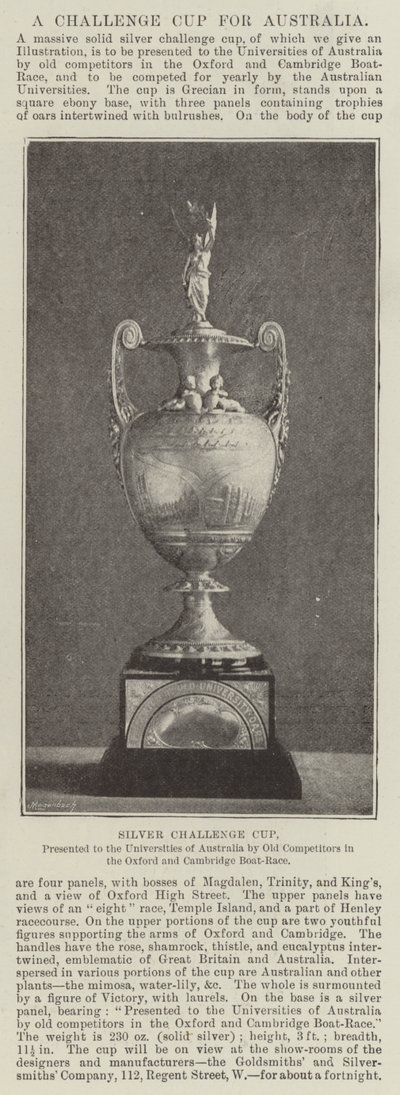 Silver Challenge Cup, presented to the Universities of Australia by Old Competitors in the Oxford and Cambridge Boat-Race by English Photographer