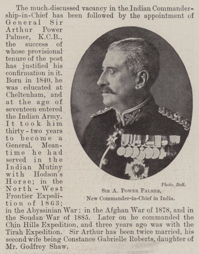 Sir A Power Palmer, New Commander-in-Chief in India by English Photographer