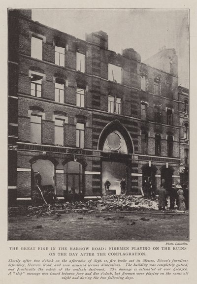 The Great Fire in the Harrow Road, Firemen playing on the Ruins on the Day after the Conflagration by English Photographer