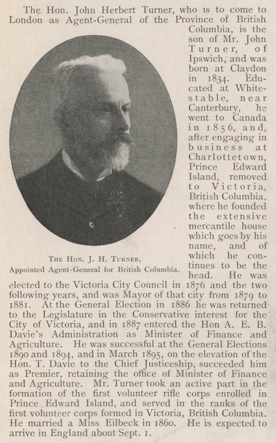 The Honourable J H Turner, Agent-General for British Columbia by English Photographer