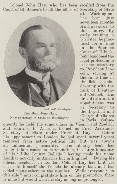 The Honourable John Hay, New Secretary of State at Washington by English Photographer
