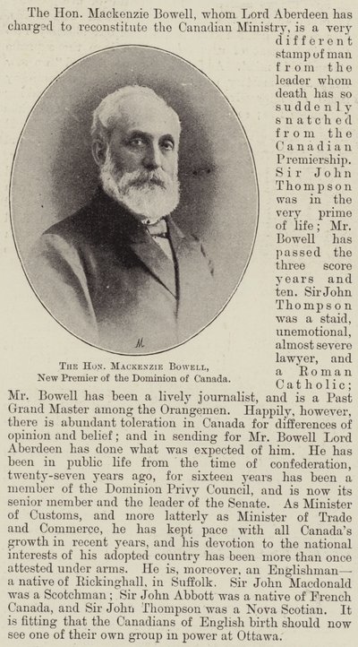 The Honourable Mackenzie Bowell, New Premier of the Dominion of Canada by English Photographer