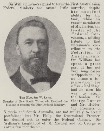 The Honourable Sir W Lyne, Premier of New South Wales, Who Declined the Honour of Forming the First Federal Ministry by English Photographer