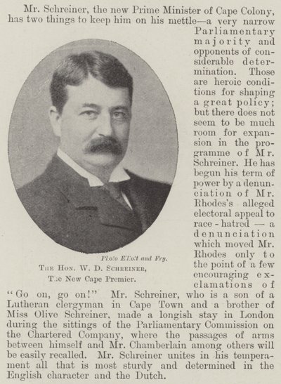 The Honourable W D Schreiner, the New Cape Premier by English Photographer