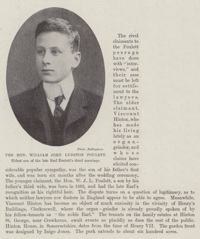 The Honourable William John Lydston Poulett, Eldest son of the late Earl Poulett