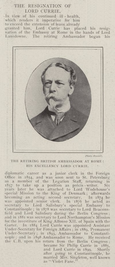 The Retiring British Ambassador at Rome, His Excellency Lord Currie by English Photographer