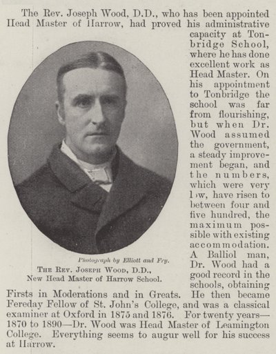 The Reverend Joseph Wood, DD, New Head Master of Harrow School by English Photographer