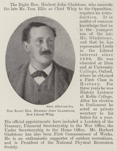 The Right Honourable Herbert John Gladstone, New Liberal Whip by English Photographer