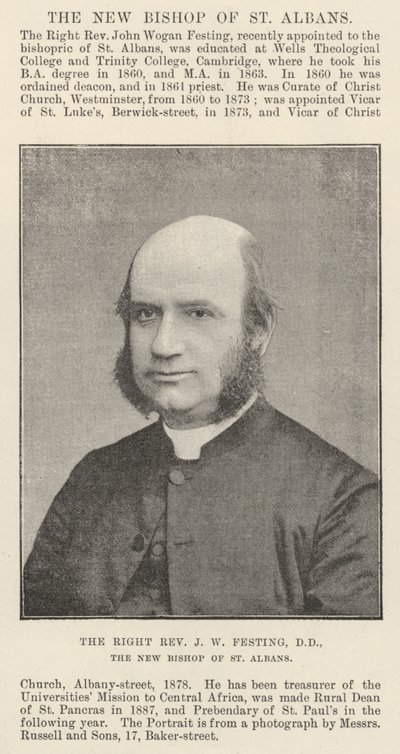 The Right Reverend J W Festing, the New Bishop of St Albans by English Photographer