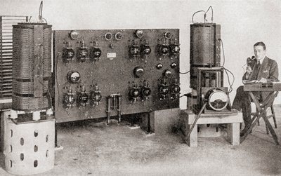 The first broadcast transmitter operated in Great Britain, installed at the Marconi Works, Chelmsford, in 1919 and 1920, from The Story of Twenty Five Years, published 1935 by English Photographer
