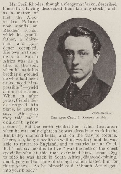 The late Cecil J Rhodes in 1867 by English Photographer