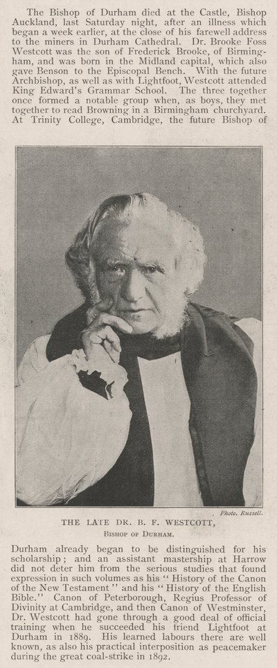 The late Dr B F Westcott, Bishop of Durham by English Photographer
