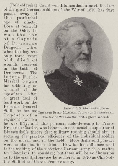 The Late Field-Marshal Count von Blumenthal, the Last of William the First