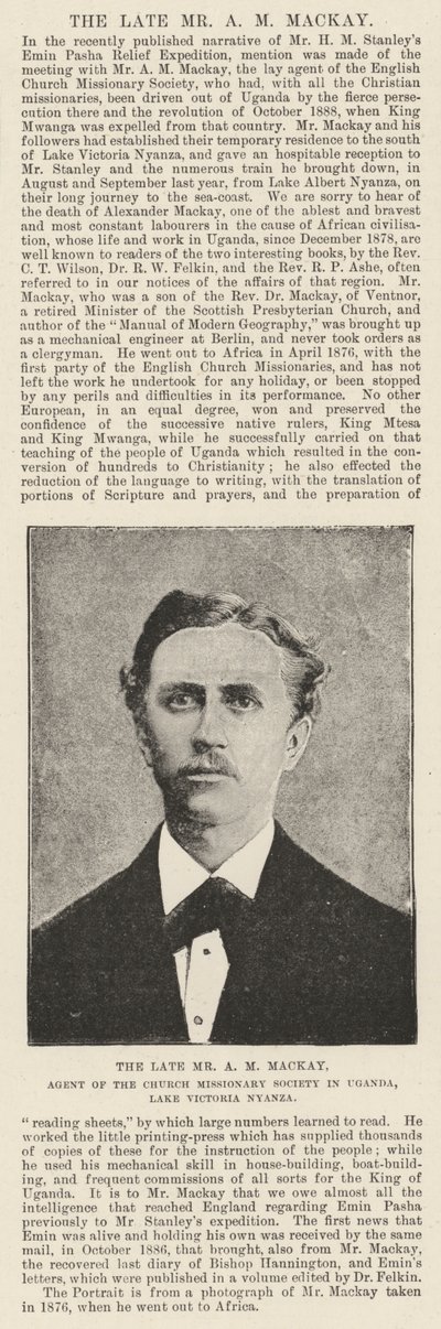 The late Mr A M Mackay, Agent of the Church Missionary Society in Uganda, Lake Victoria Nyanza by English Photographer
