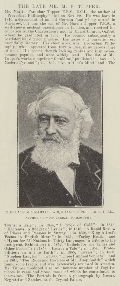 The Late Mr Martin Farquhar Tupper, FRS, DCL, Author of Proverbial Philosophy by English Photographer