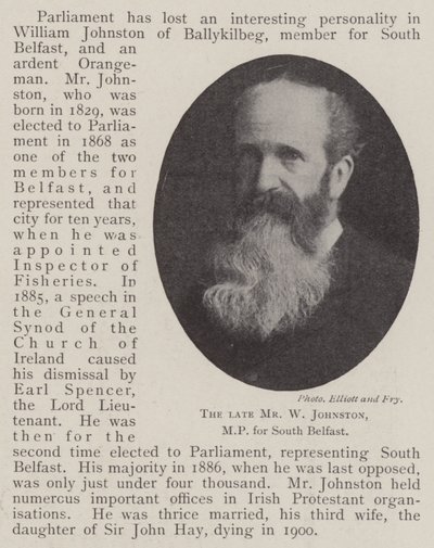 The late Mr W Johnston, MP for South Belfast by English Photographer
