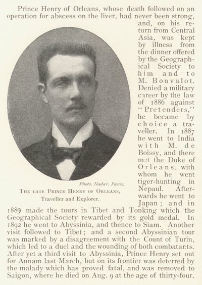 The late Prince Henry of Orleans, Traveller and Explorer by English Photographer