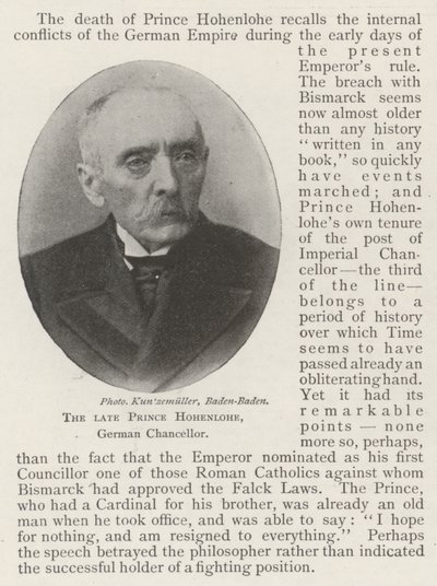 The late Prince Hohenlohe, German Chancellor by English Photographer