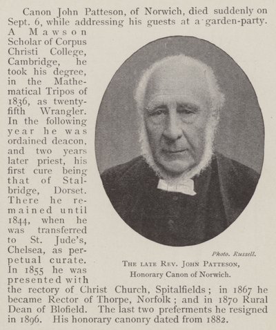 The late Reverend John Patteson, Honorary Canon of Norwich by English Photographer