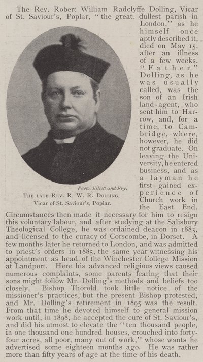 The late Reverend R W R Dolling, Vicar of St Saviours, Poplar by English Photographer