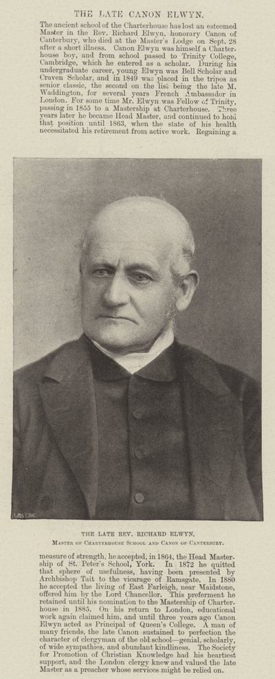 The Late Reverend Richard Elwyn, Master of Charterhouse School and Canon of Canterbury by English Photographer