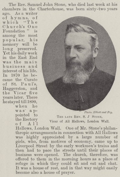 The late Reverend S J Stone, Vicar of All Hallows, London Wall by English Photographer