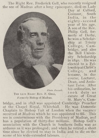 The late Right Reverend F Gell, formerly Bishop of Madras by English Photographer