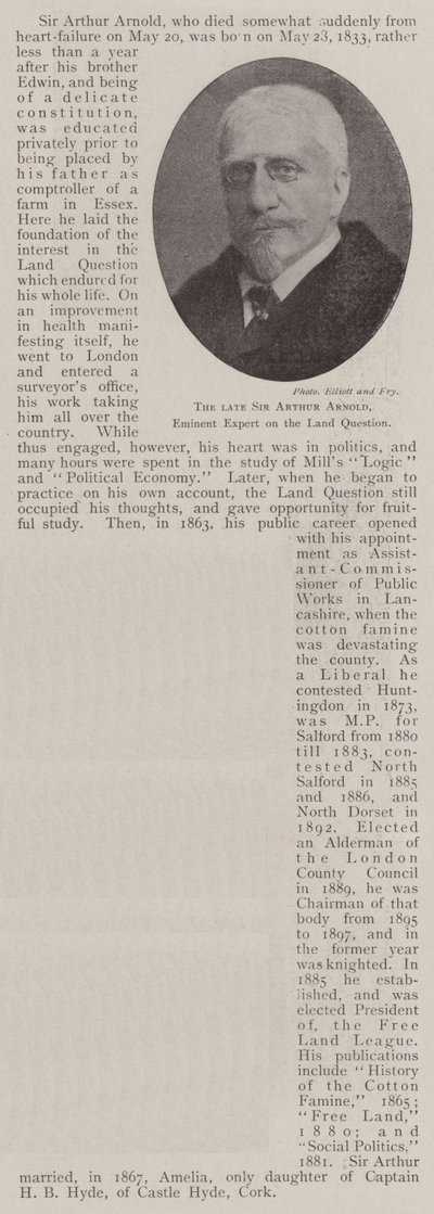 The late Sir Arthur Arnold, Eminent Expert on the Land Question by English Photographer