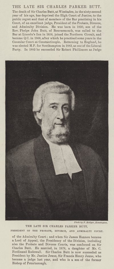 The Late Sir Charles Parker Butt, President of the Probate, Divorce, and Admiralty Court by English Photographer